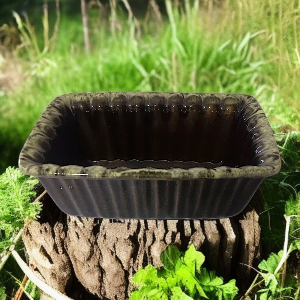 Vtg Hull USA Planter Pot F57 Rectangular Ikebana Ceramic Brown‎ Green Drip Glaze